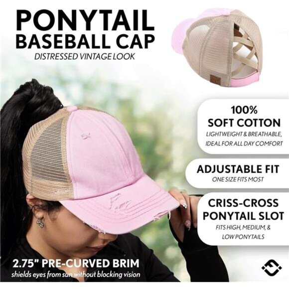 Ponytail Hat for Women - Baseball Cap with Adjustable Fit & High